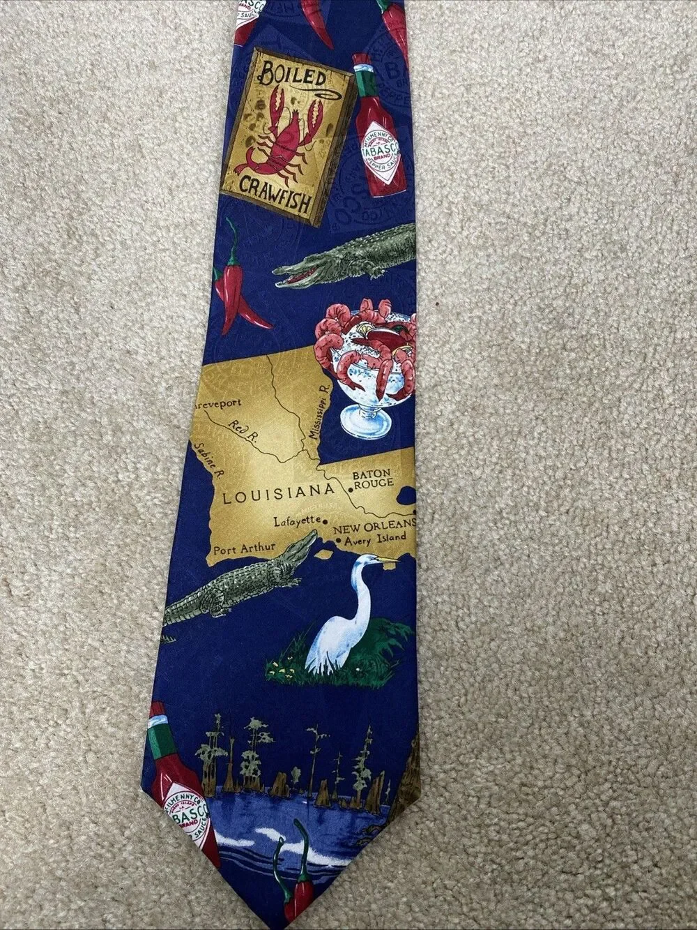 VTG Tabasco Crawfish Louisiana Silk Tie Made in USA Cajun Food Alligator Novelty